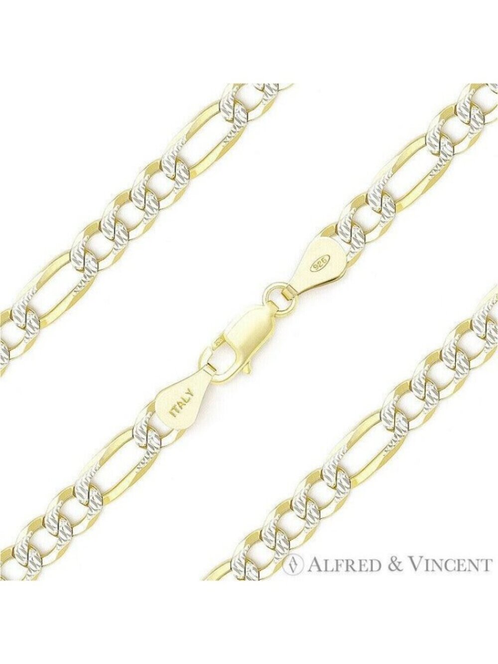 5mm Figaro / Figaroa Link D-Cut Pave Chain Anklet in .925 Sterling Silver w/ 14k